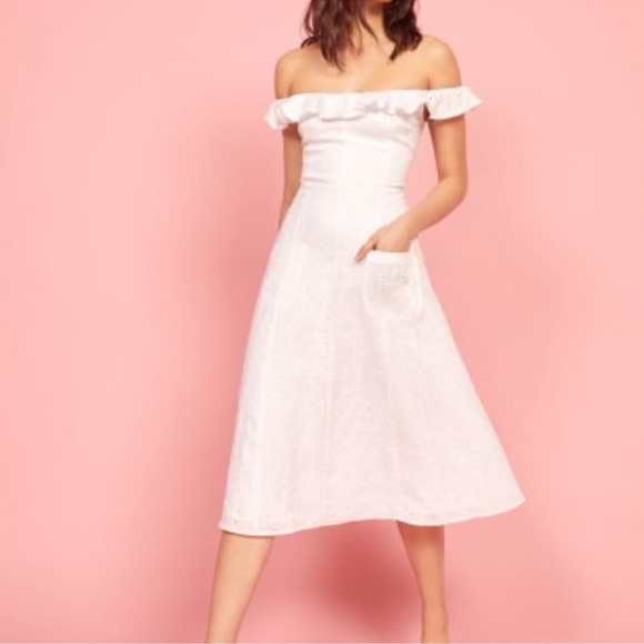 Reformation Size 0 Linen Ruffle Strap Eyelet Midi off shoulder Dress Maldives - Picture 1 of 12